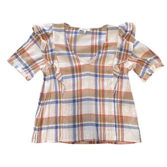 Madewell ruffle plaid lightweight blouse size small - Picture 4 of 7